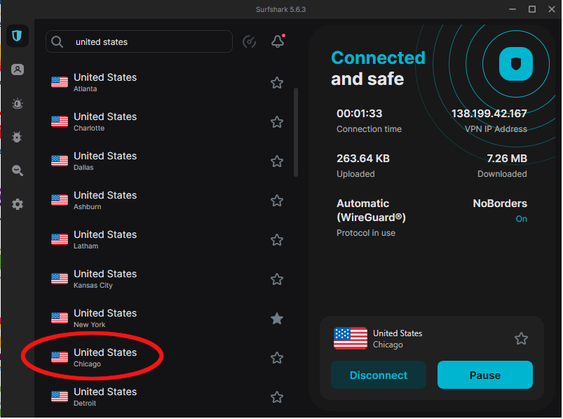 Surfshark VPN connected to a Server in Chicago
