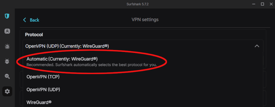 Surfshark VPN protocol selection