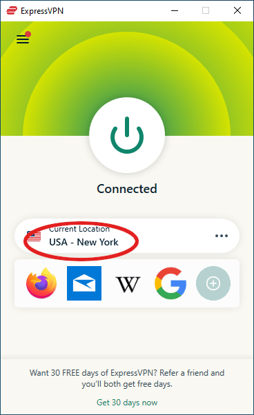 ExpressVPN is connected to a VPN server in New York