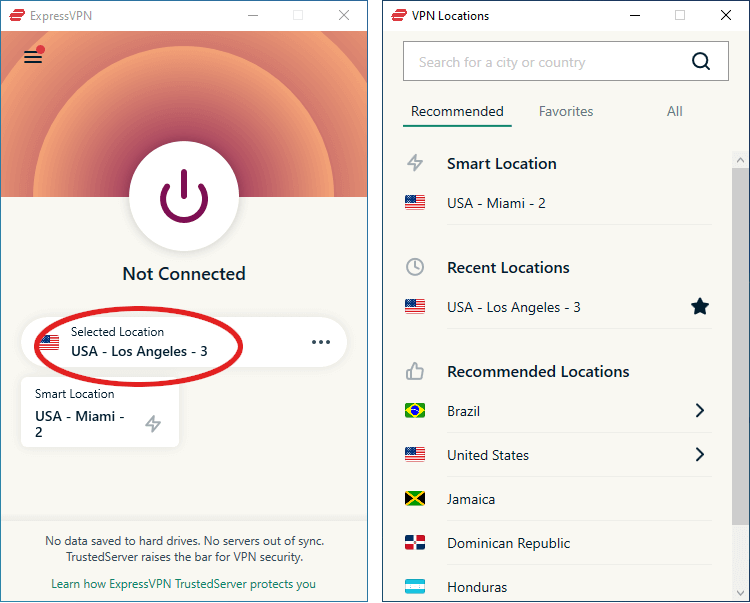 ExpressVPN selecting Los Angeles