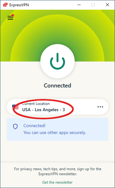 ExpressVPN Windows app connected to a VPN server in LA