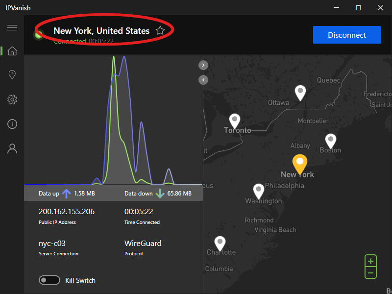 IPVanish connected to New York for Arkansas