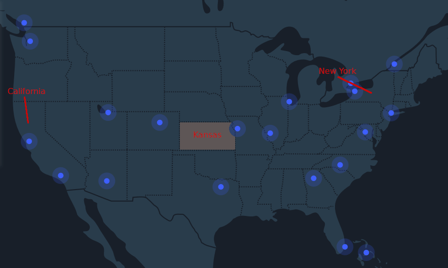 Kansas, California, and New York Map
