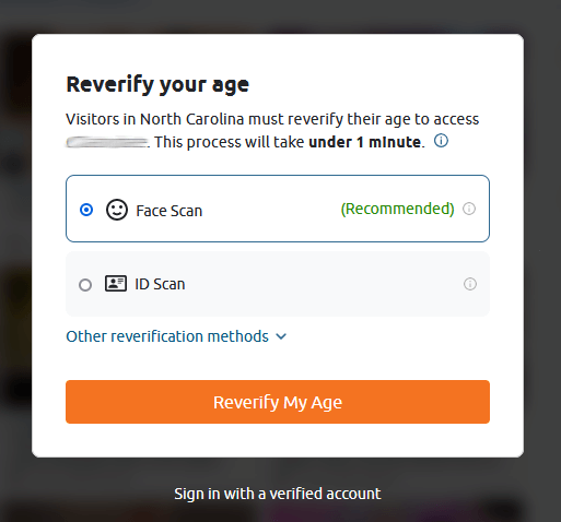 North Carolina (re) verify your age message
