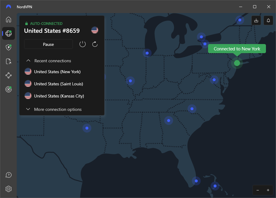 NordVPN connected to New York for Missouri resident