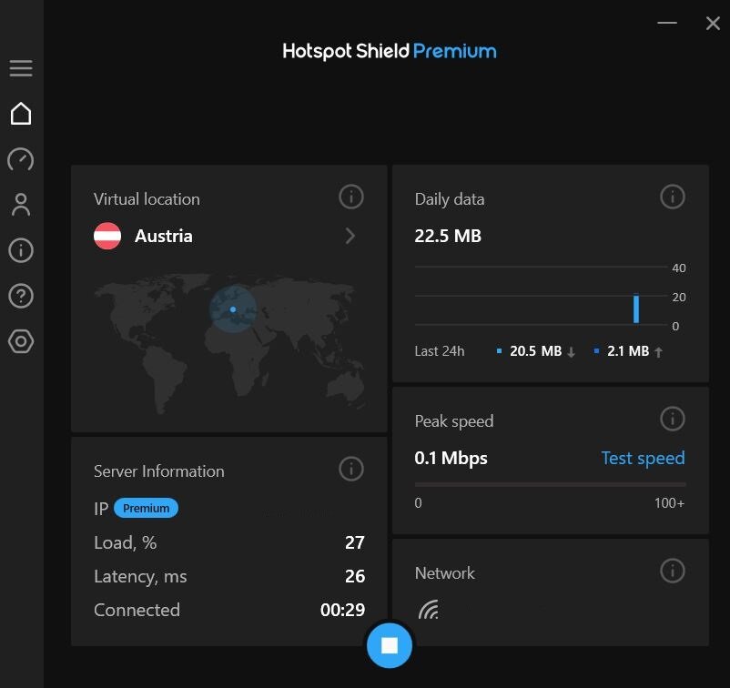 Screenshot of Hotspot Shield's Windows app