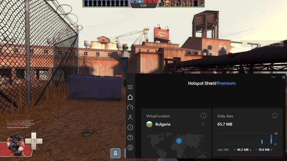 Screenshot of playing an online game while being connected to Hotspot Shield