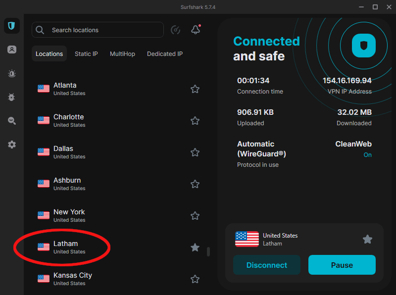 Surfshark Latham VPN server location