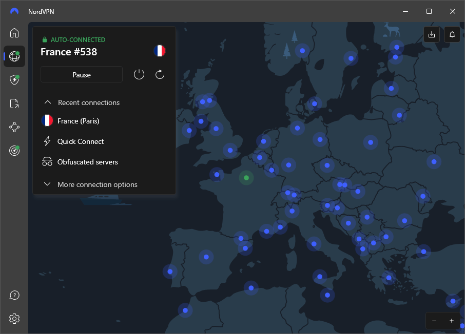 NordVPN connected to its Paris server location