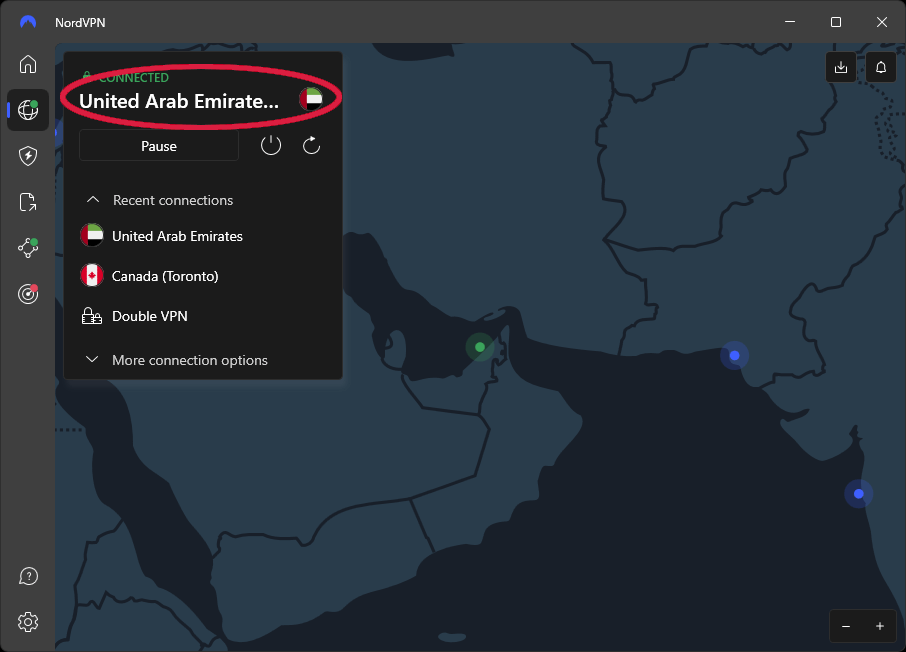 NordVPN connected to a UAE server