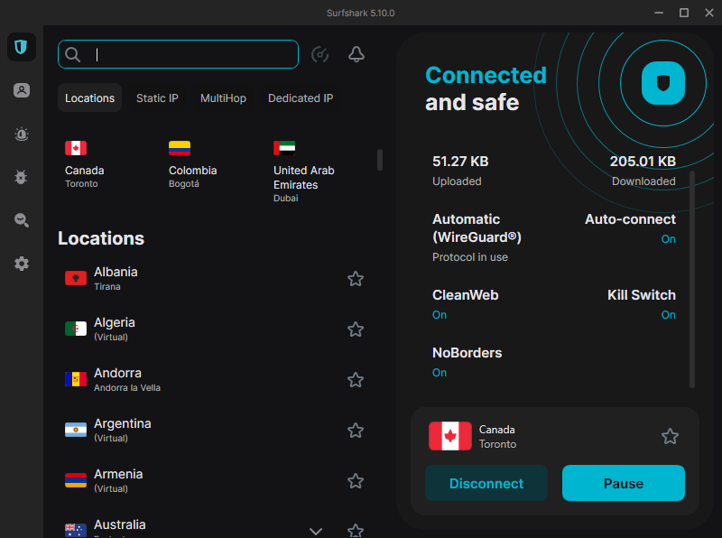 Surfshark VPN in Dark mode with Controls visible