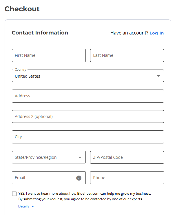 Bluehost sign up info